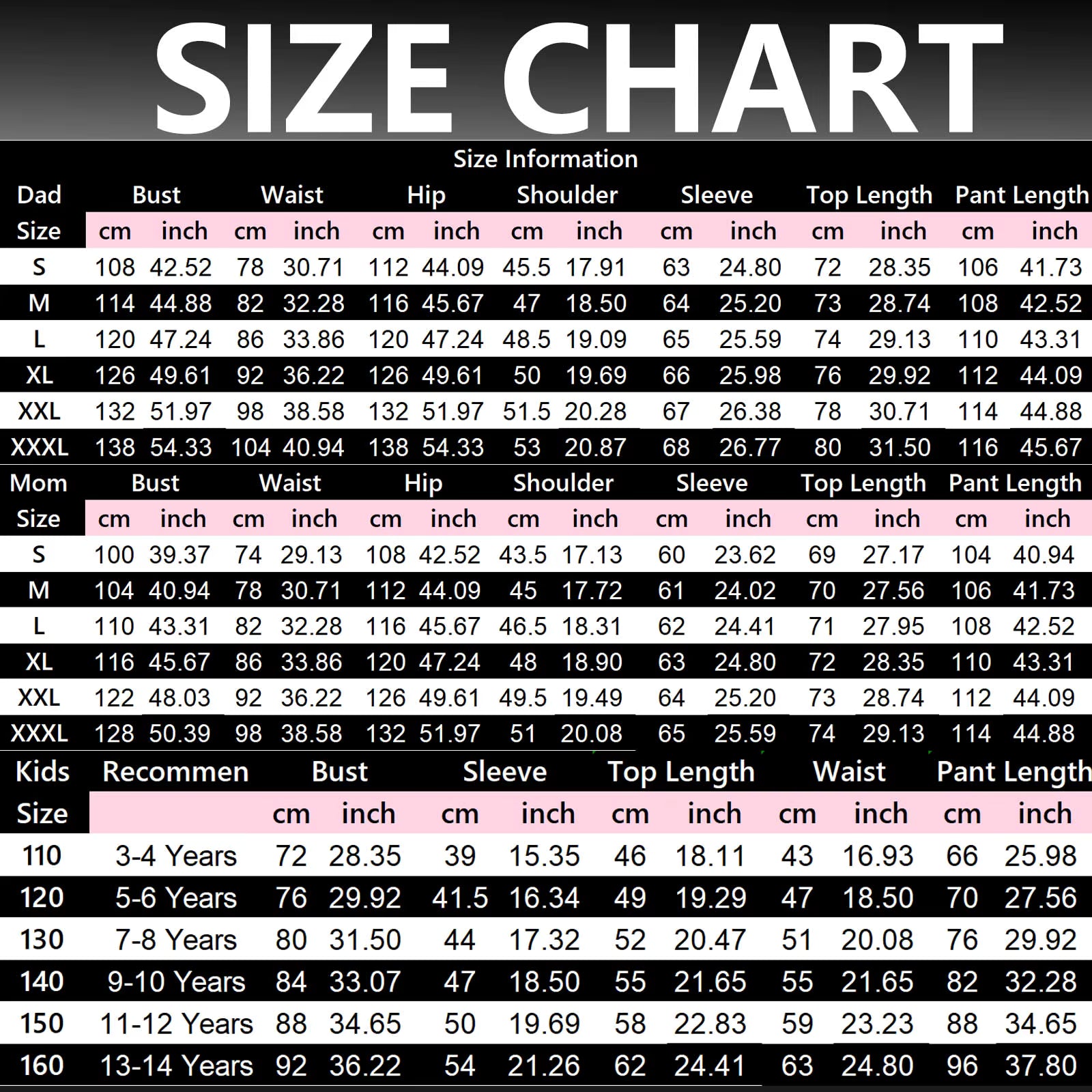 Size chart for Luxury Family Christmas Pyjamas - Merry & Cosy