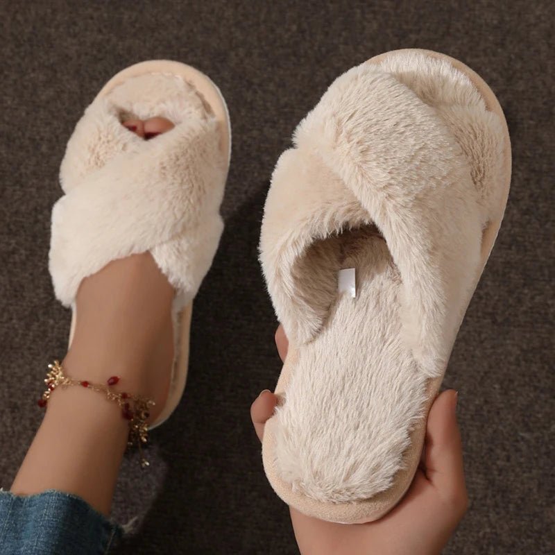 Cloud - Nine Cross Band Slippers - Fluffy Faux Fur Slides for Women - Merry & Cosy