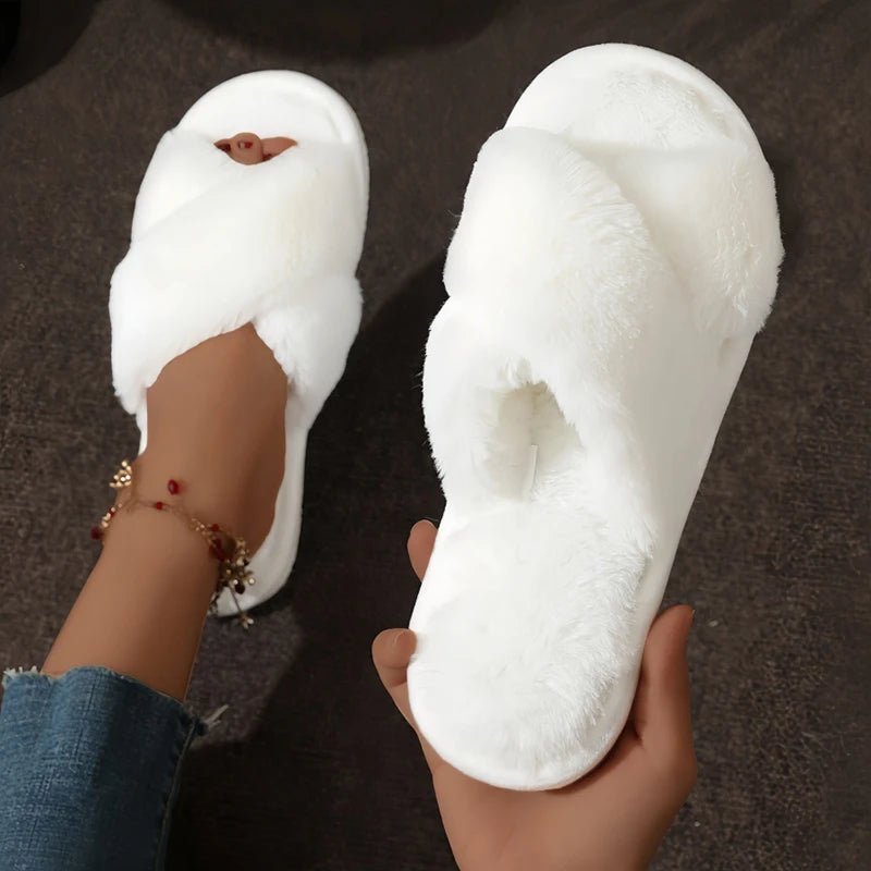 Cloud - Nine Cross Band Slippers - Fluffy Faux Fur Slides for Women - Merry & Cosy
