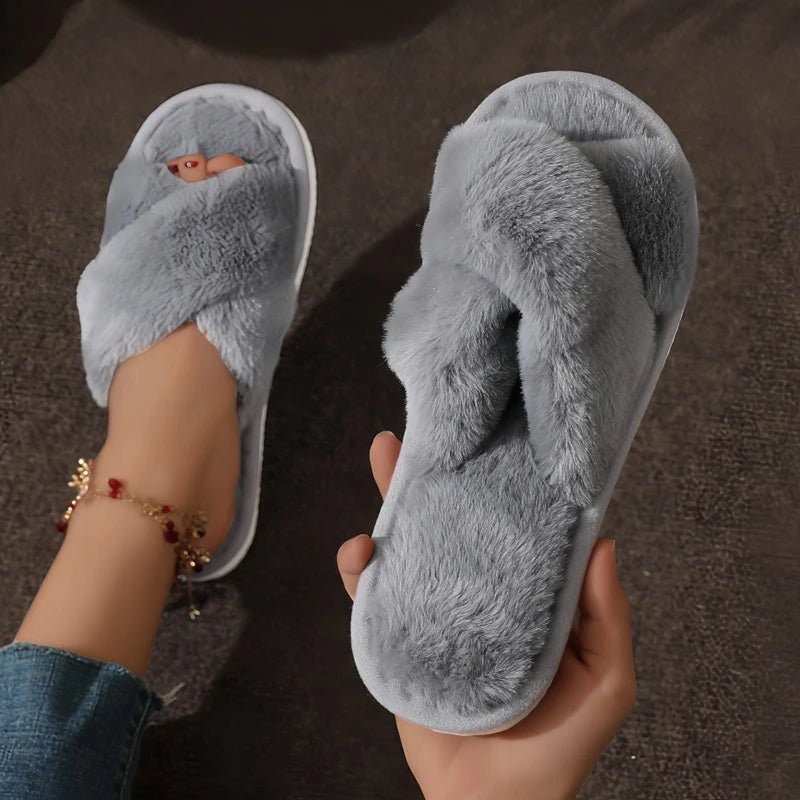 Cloud - Nine Cross Band Slippers - Fluffy Faux Fur Slides for Women - Merry & Cosy