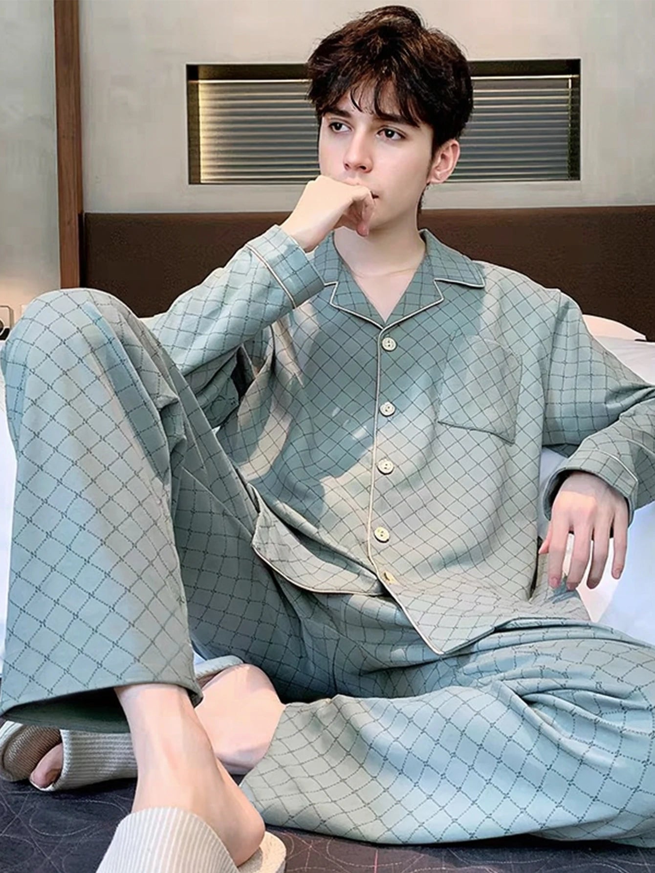 Men’s Casual Button - Up Pyjamas Set – Long Sleeve Lounge & Homewear - Merry & Cosy
