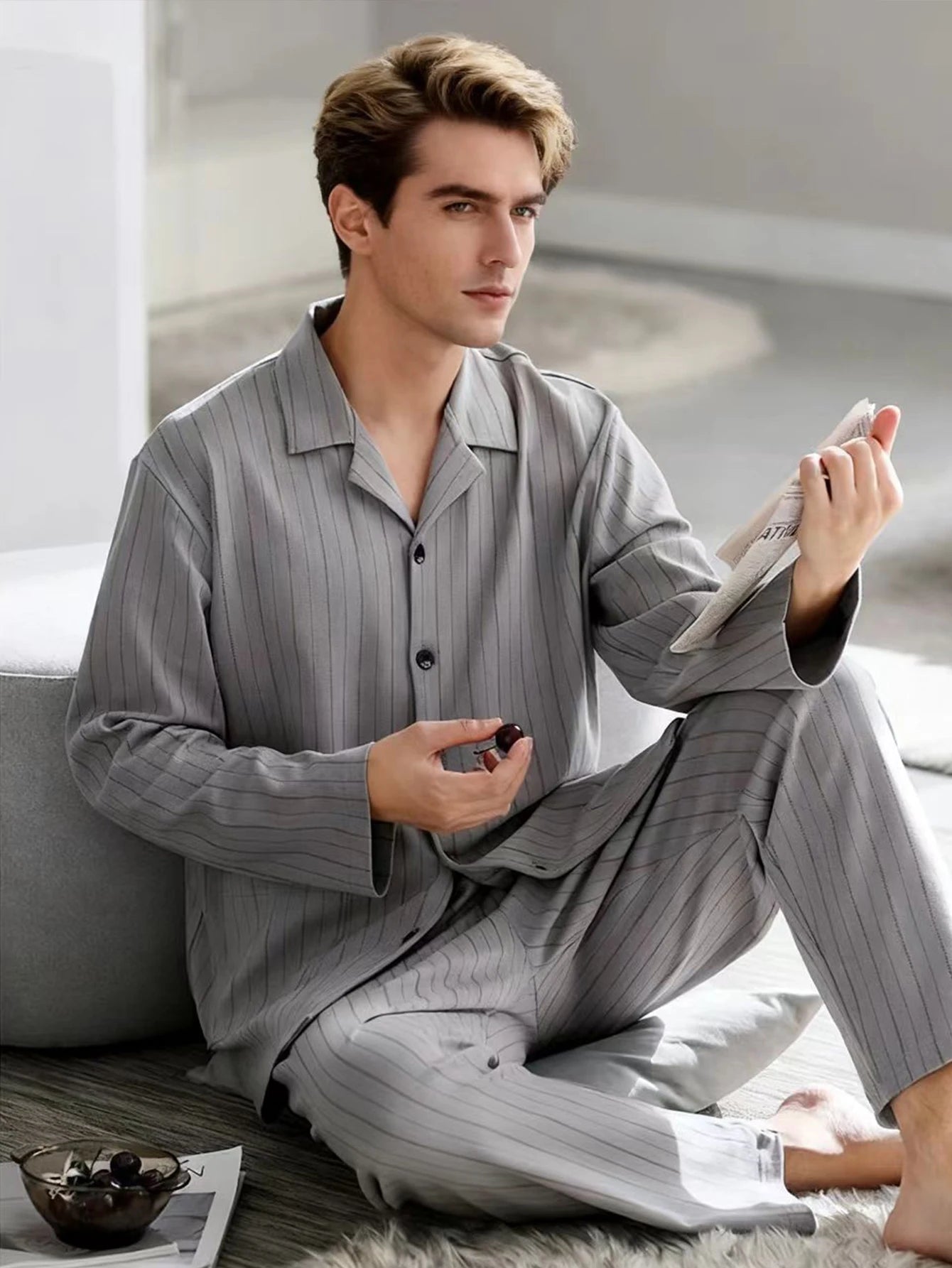 Men’s Casual Button - Up Pyjamas Set – Long Sleeve Lounge & Homewear - Merry & Cosy