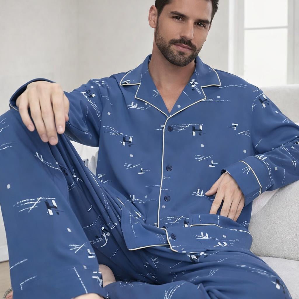 Men’s Casual Button - Up Pyjamas Set – Long Sleeve Lounge & Homewear - Merry & Cosy