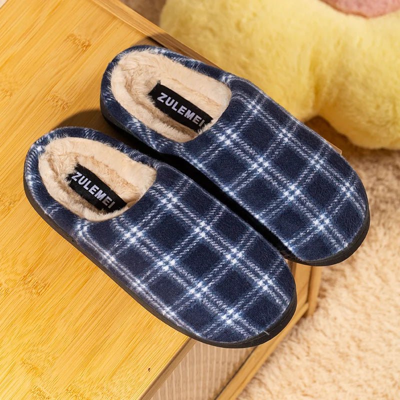 Men’s Striped Warm Fleece Slippers – Non - Slip Indoor Winter House Shoes - Merry & Cosy