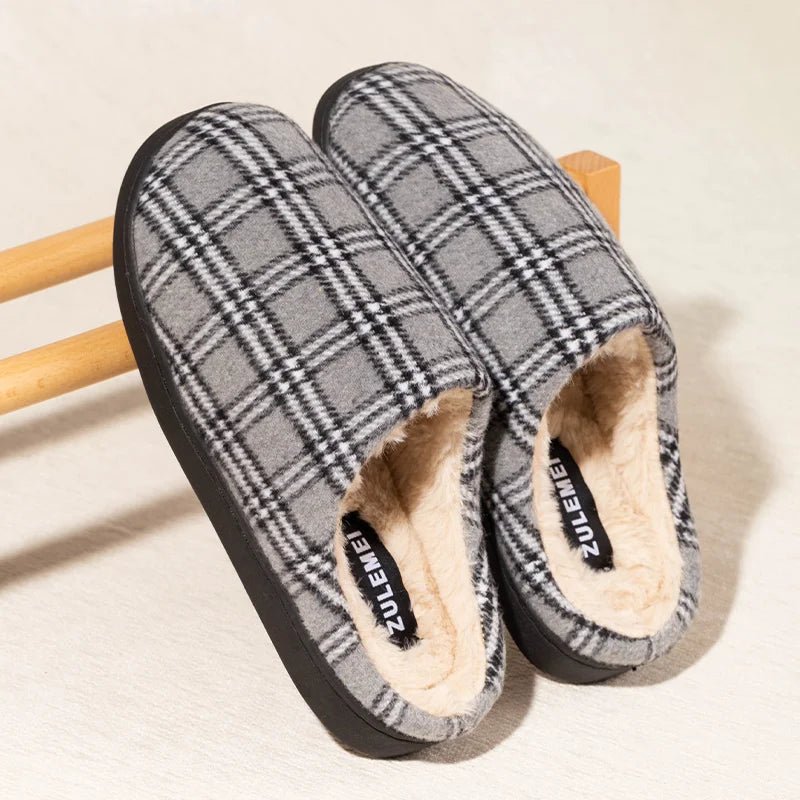 Men’s Striped Warm Fleece Slippers – Non - Slip Indoor Winter House Shoes - Merry & Cosy