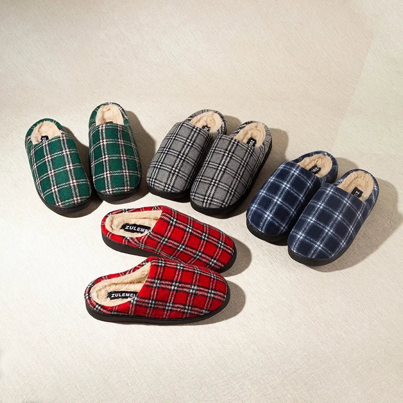 Men’s Striped Warm Fleece Slippers – Non - Slip Indoor Winter House Shoes - Merry & Cosy