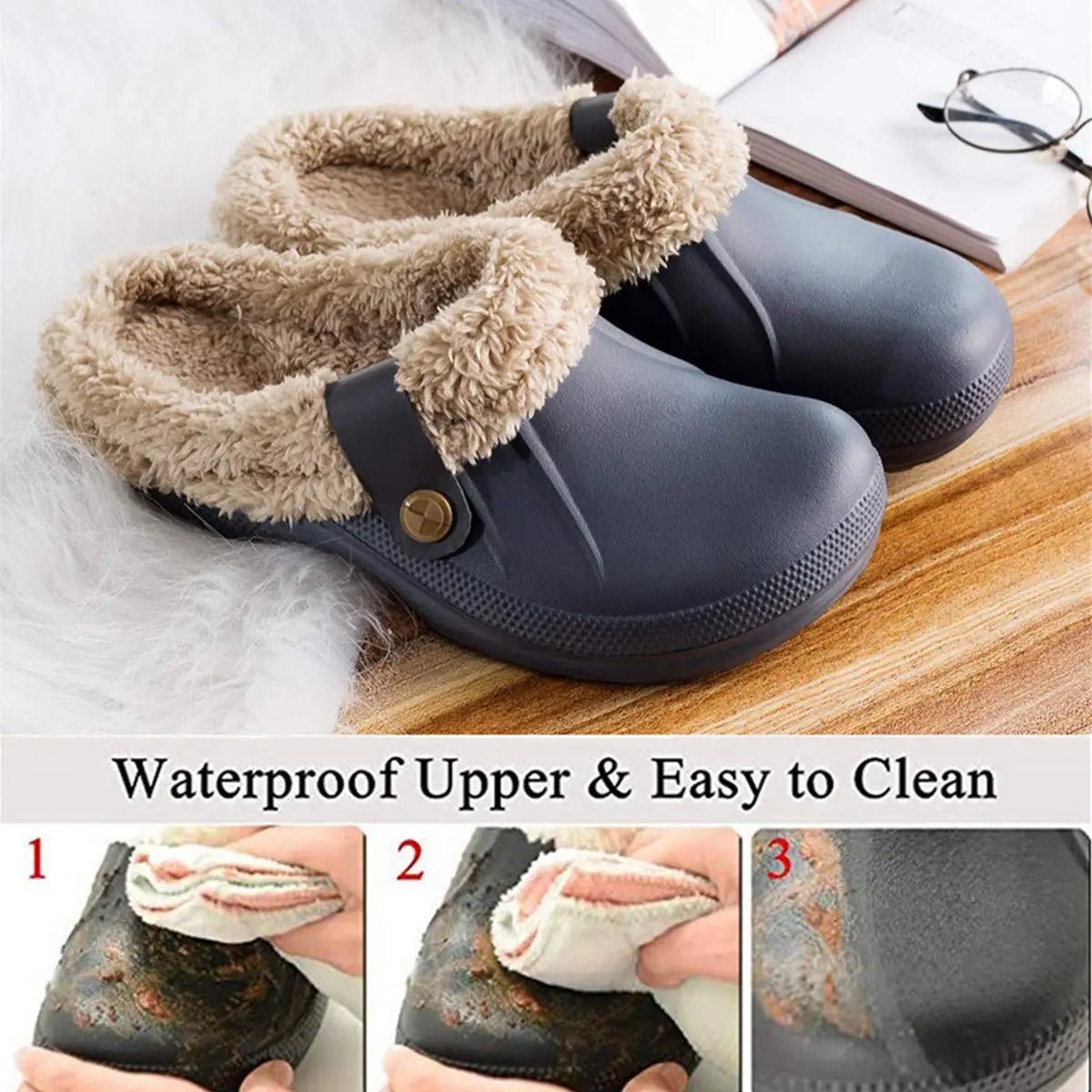 Waterproof Fur - Lined Slippers for Men & Women - Anti - Slip Indoor & Outdoor Winter Clogs - Merry & Cosy