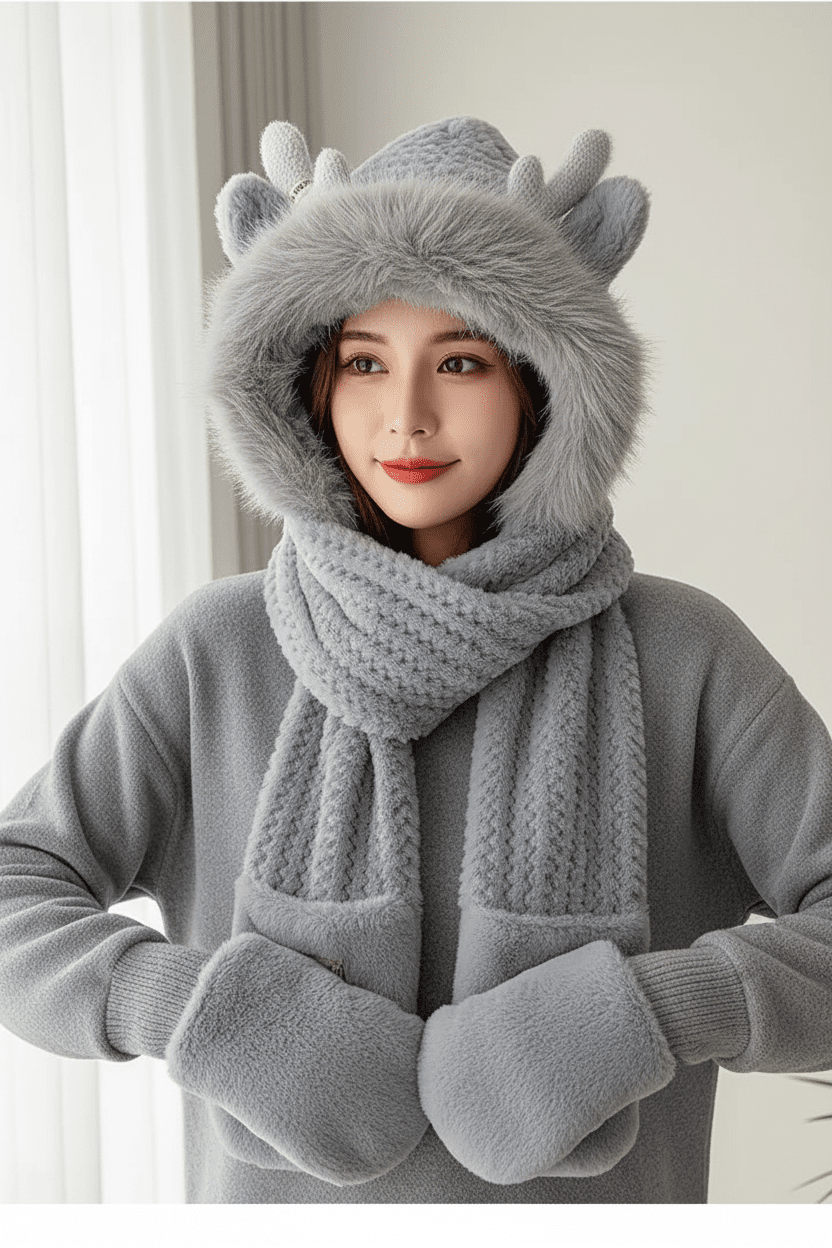 Women’s Elk Antler 3 - in - 1 Plush Hat Scarf & Gloves Set - Merry & Cosy