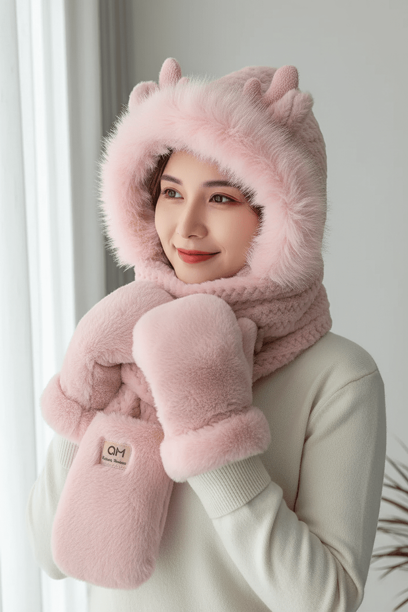 Women’s Elk Antler 3 - in - 1 Plush Hat Scarf & Gloves Set - Merry & Cosy