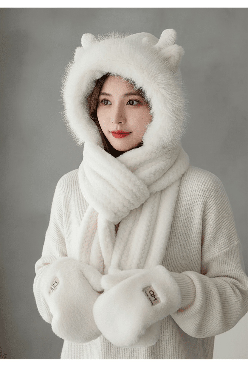 Women’s Elk Antler 3 - in - 1 Plush Hat Scarf & Gloves Set - Merry & Cosy