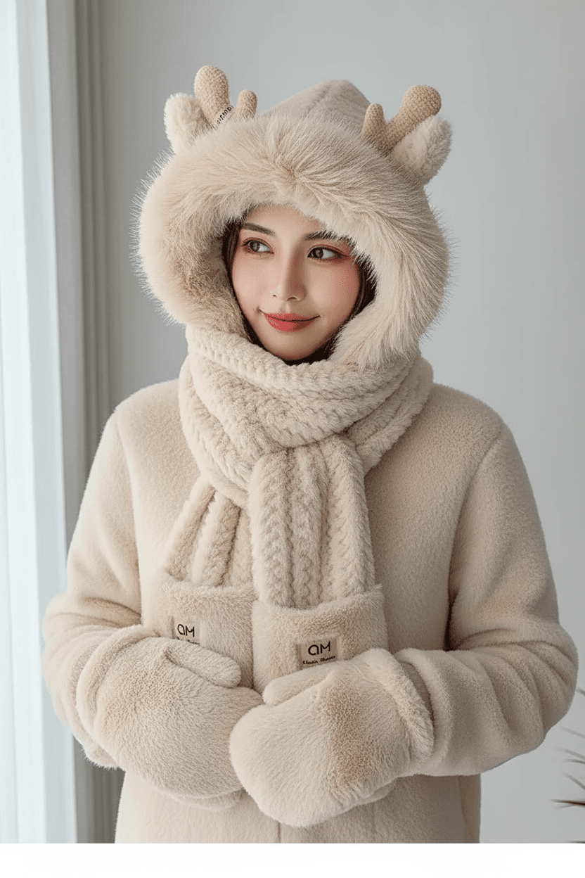 Women’s Elk Antler 3 - in - 1 Plush Hat Scarf & Gloves Set - Merry & Cosy