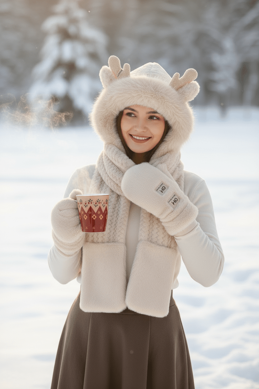 Women’s Elk Antler 3 - in - 1 Plush Hat Scarf & Gloves Set - Merry & Cosy