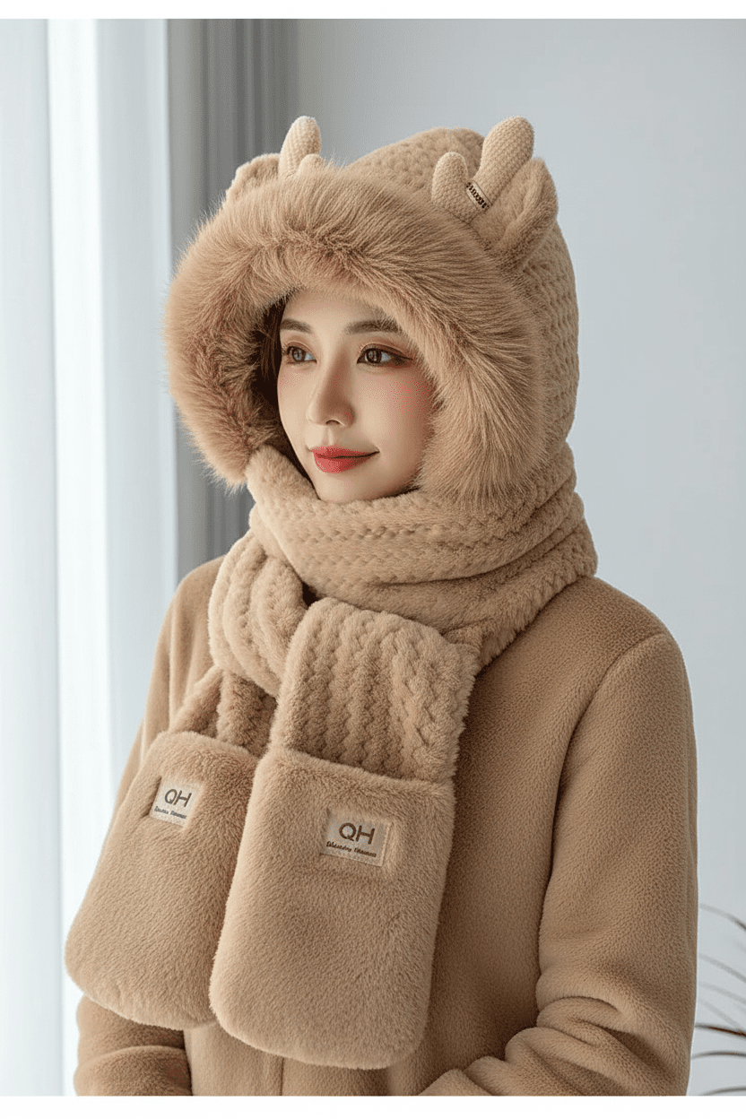 Women’s Elk Antler 3 - in - 1 Plush Hat Scarf & Gloves Set - Merry & Cosy