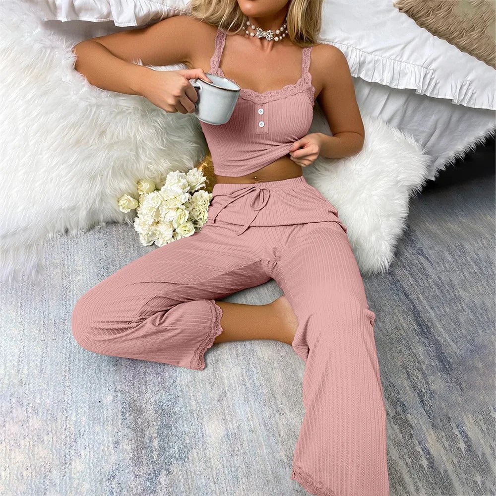 Women’s Ribbed Pyjama Set – Sleeveless Top & Ankle - Length Lounge Pants - Merry & Cosy