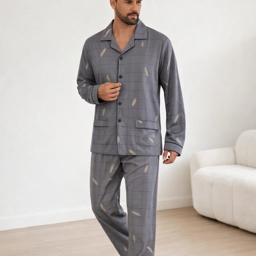 Men’s Casual Button - Up Pyjamas Set – Long Sleeve Lounge & Homewear - Merry & Cosy