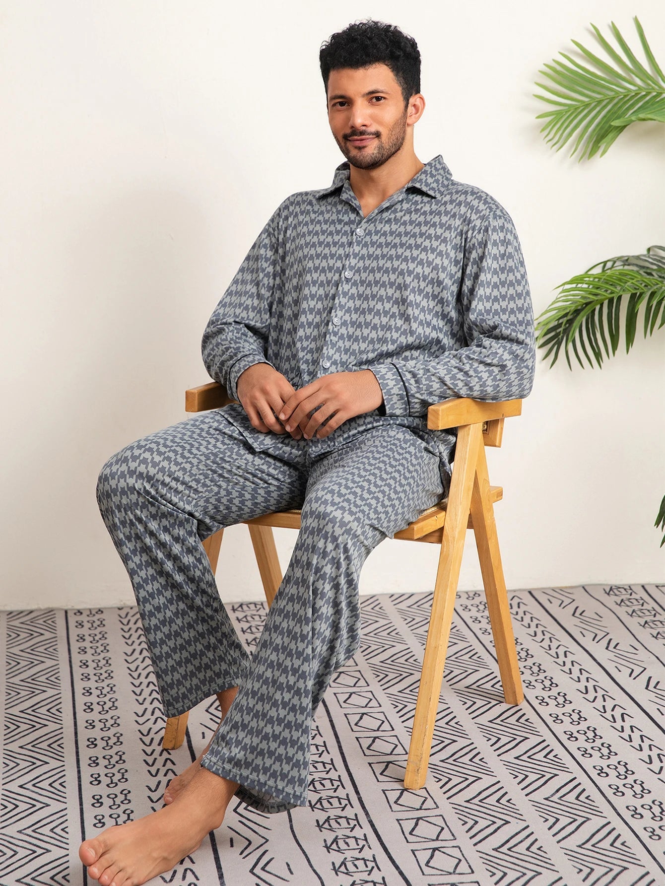 Men’s Casual Button - Up Pyjamas Set – Long Sleeve Lounge & Homewear - Merry & Cosy