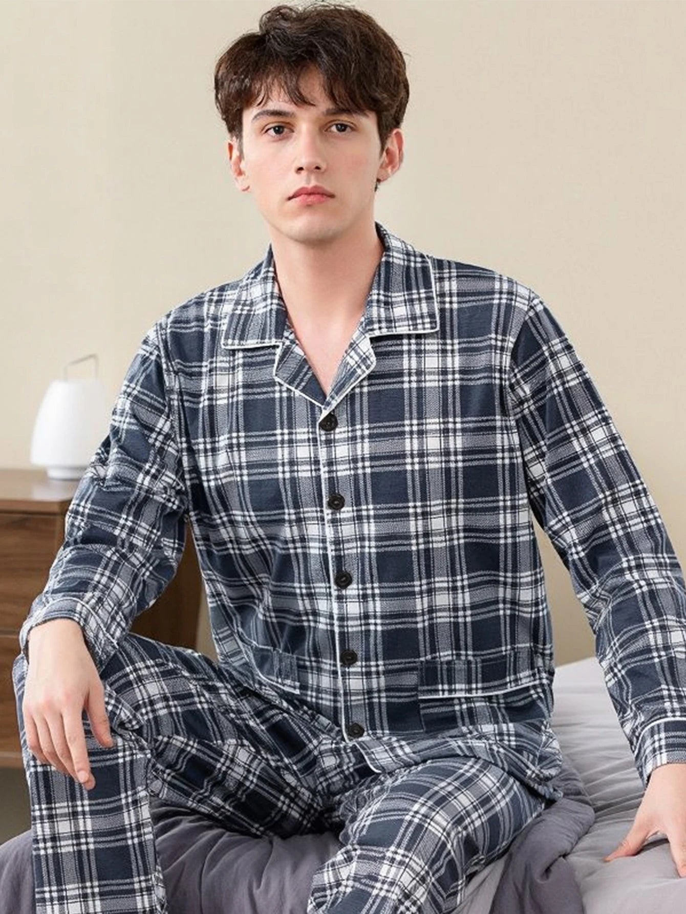 Men’s Casual Button - Up Pyjamas Set – Long Sleeve Lounge & Homewear - Merry & Cosy