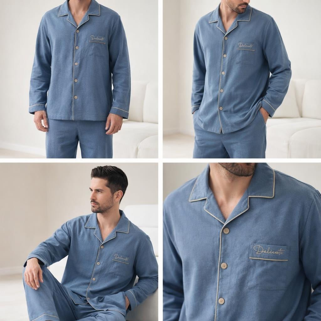 Men’s Casual Button - Up Pyjamas Set – Long Sleeve Lounge & Homewear - Merry & Cosy