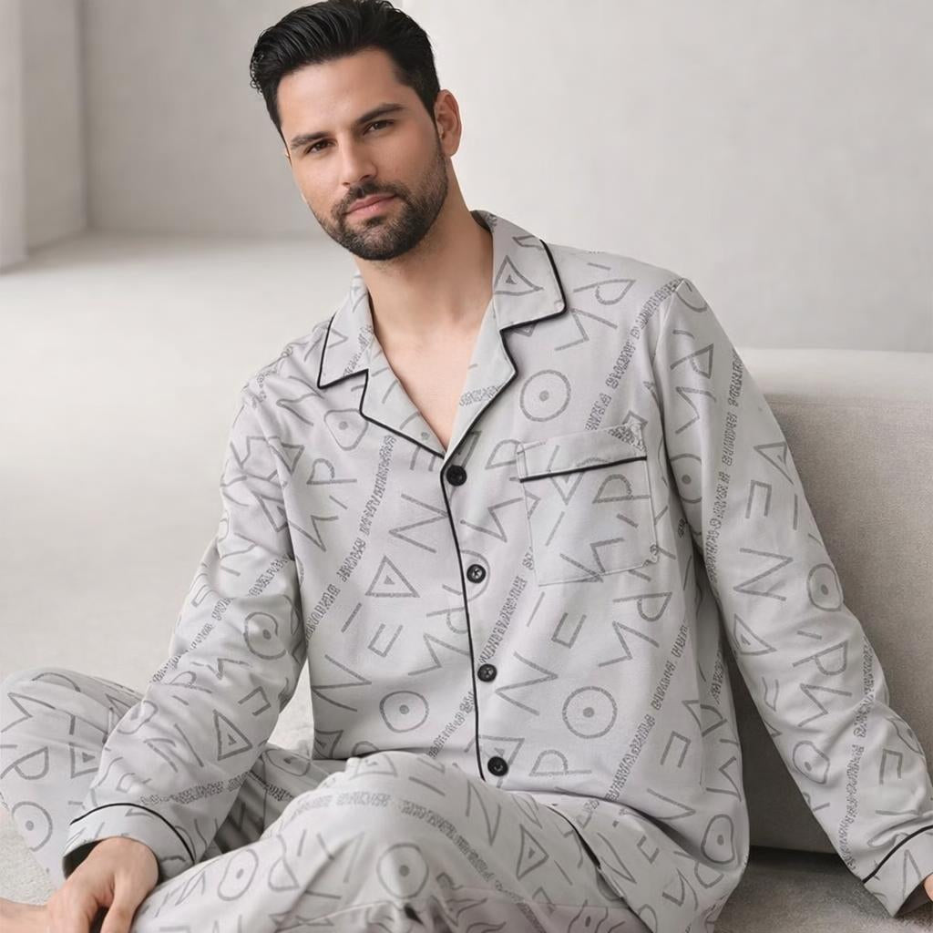 Men’s Casual Button - Up Pyjamas Set – Long Sleeve Lounge & Homewear - Merry & Cosy