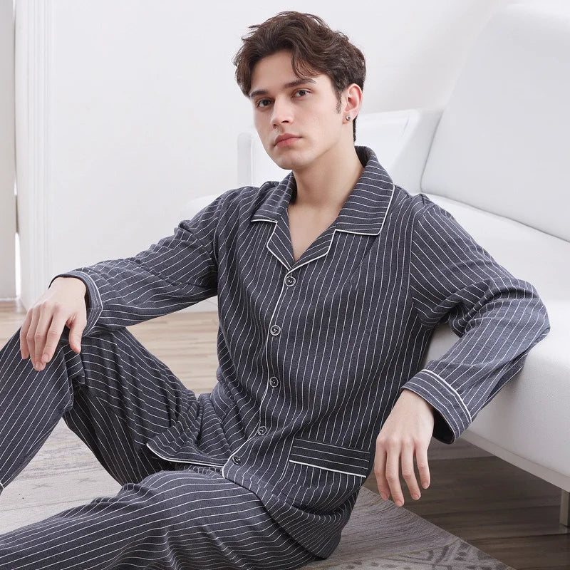 Men’s Casual Button - Up Pyjamas Set – Long Sleeve Lounge & Homewear - Merry & Cosy
