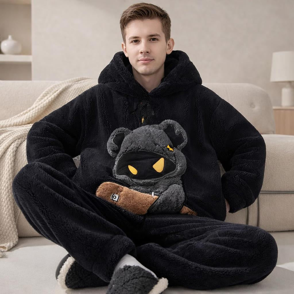 Men’s Hooded Cartoon Pyjama Set – Plush Coral Fleece Lounge Set - Merry & Cosy