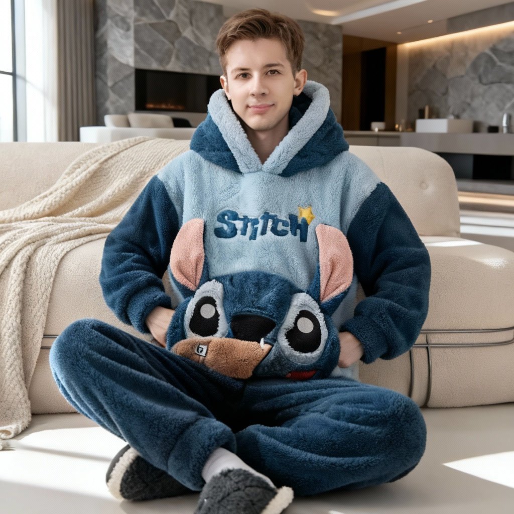 Men’s Hooded Cartoon Pyjama Set – Plush Coral Fleece Lounge Set - Merry & Cosy