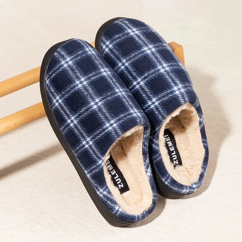 Men’s Striped Warm Fleece Slippers – Non - Slip Indoor Winter House Shoes - Merry & Cosy