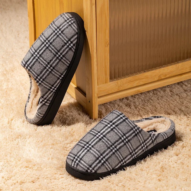 Men’s Striped Warm Fleece Slippers – Non - Slip Indoor Winter House Shoes - Merry & Cosy