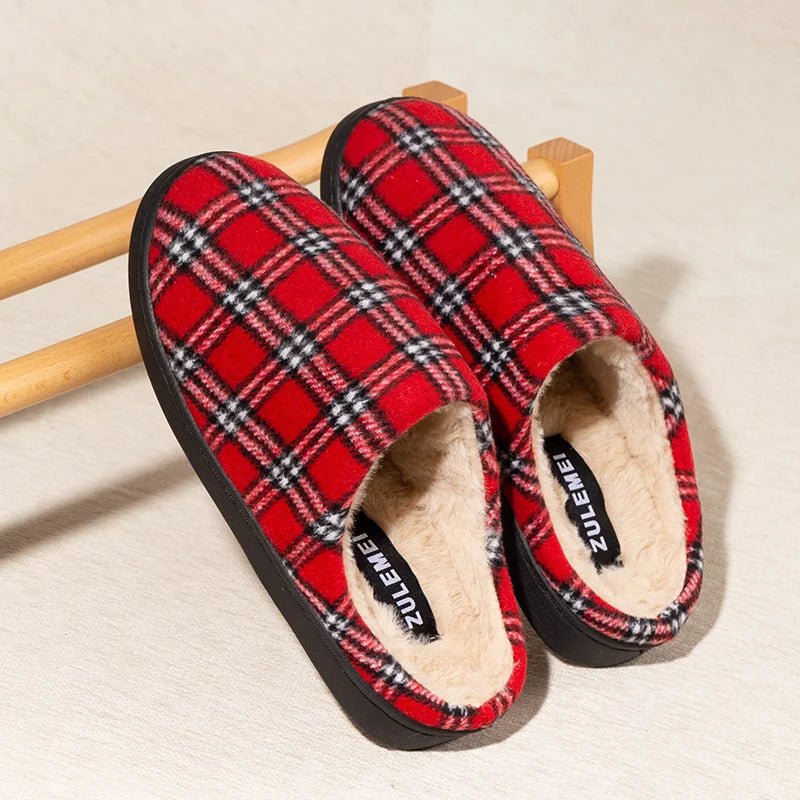 Men’s Striped Warm Fleece Slippers – Non - Slip Indoor Winter House Shoes - Merry & Cosy
