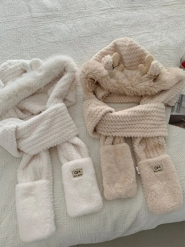 Women’s Elk Antler 3 - in - 1 Plush Hat Scarf & Gloves Set - Merry & Cosy