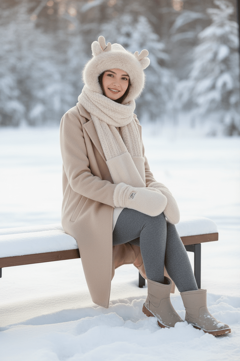 Women’s Elk Antler 3 - in - 1 Plush Hat Scarf & Gloves Set - Merry & Cosy