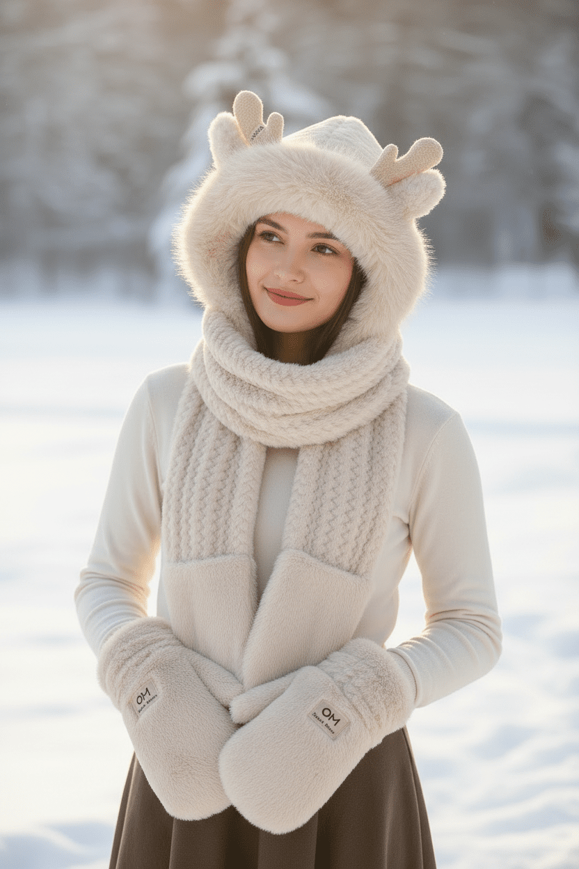 Women’s Elk Antler 3 - in - 1 Plush Hat Scarf & Gloves Set - Merry & Cosy