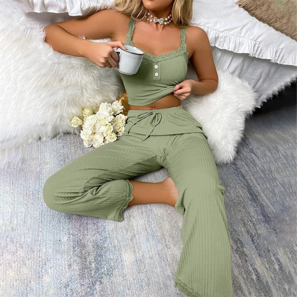 Women’s Ribbed Pyjama Set – Sleeveless Top & Ankle - Length Lounge Pants - Merry & Cosy