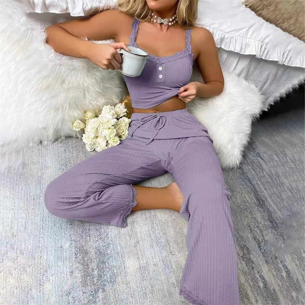 Women’s Ribbed Pyjama Set – Sleeveless Top & Ankle - Length Lounge Pants - Merry & Cosy