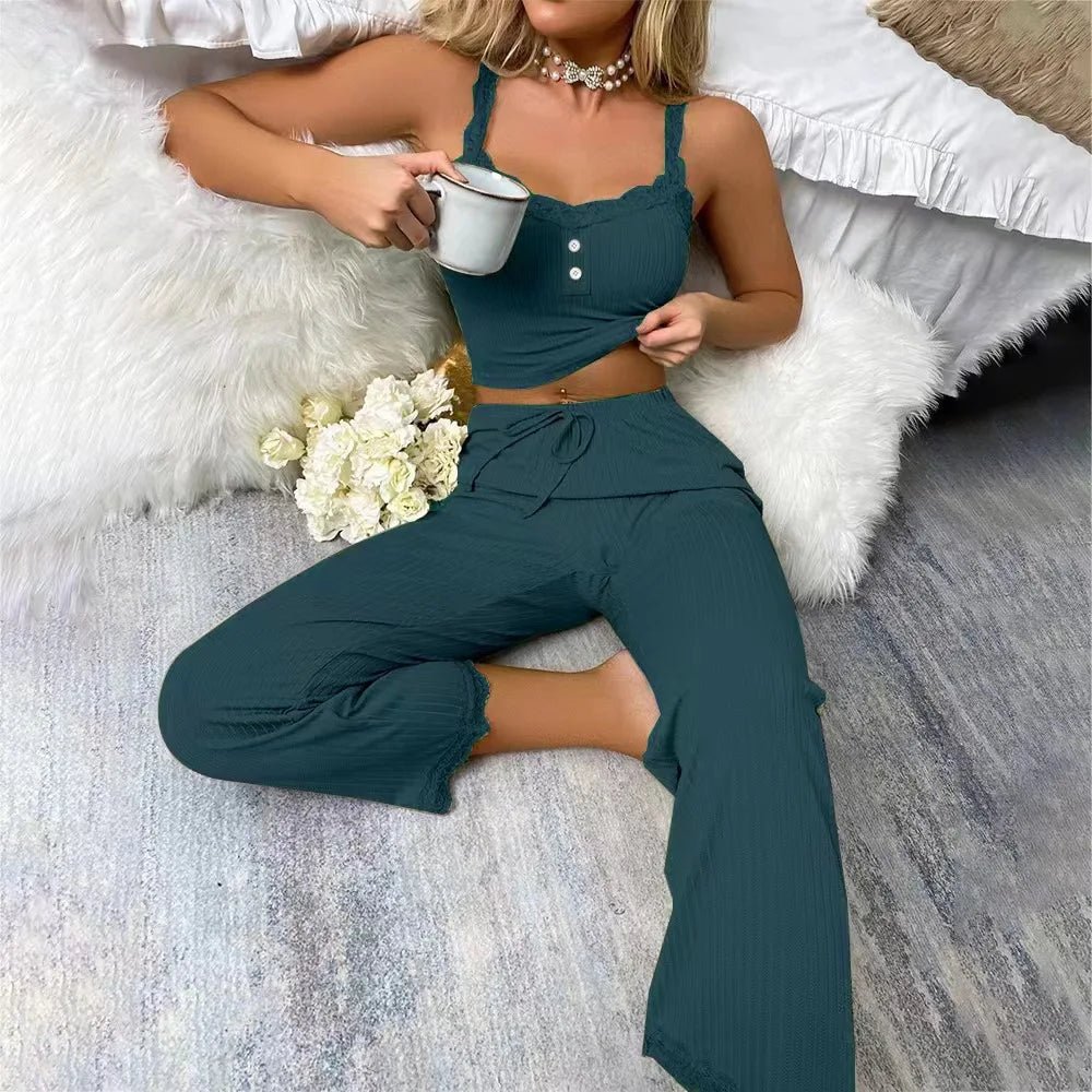 Women’s Ribbed Pyjama Set – Sleeveless Top & Ankle - Length Lounge Pants - Merry & Cosy